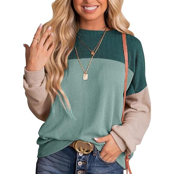 NWT ~ Green & Tan Color Block Long Sleeve Pullover Crewneck Top ~ Women's XL - Picture 1 of 3